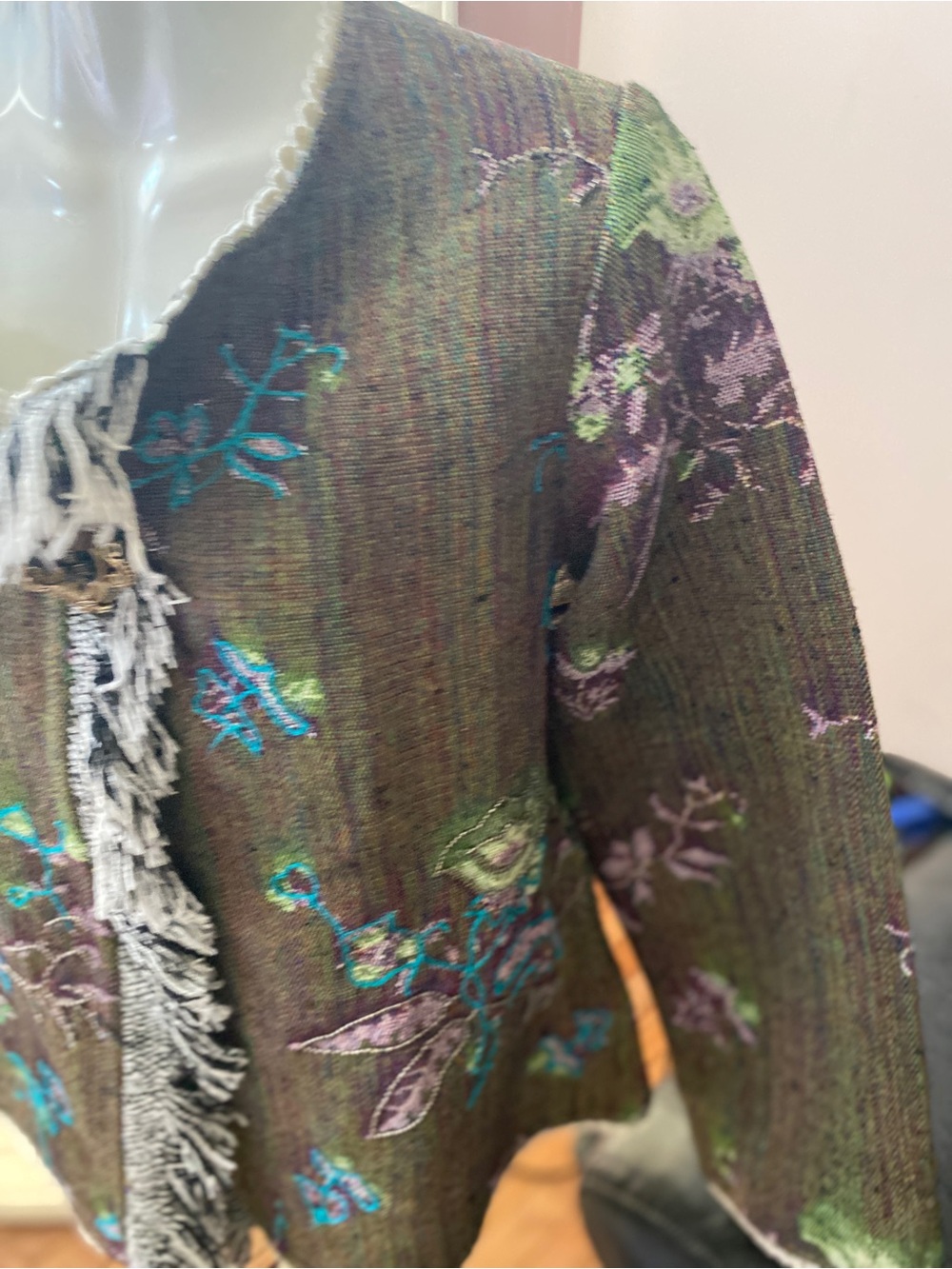 Signals Floral Tapestry Open Front Jacket L Boho Fringe Embroidered Cardigan - Picture 10 of 11